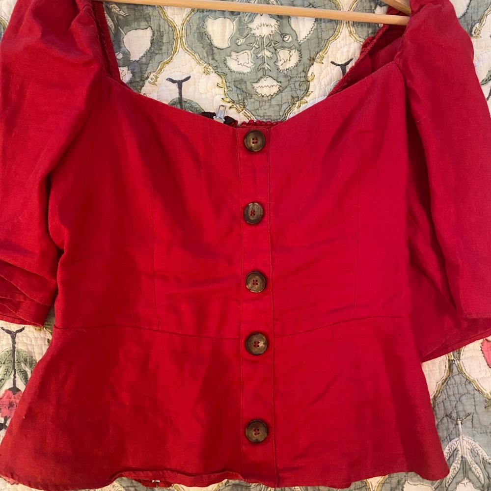 Reformation Red Puff Sleeve Peplum Blouse